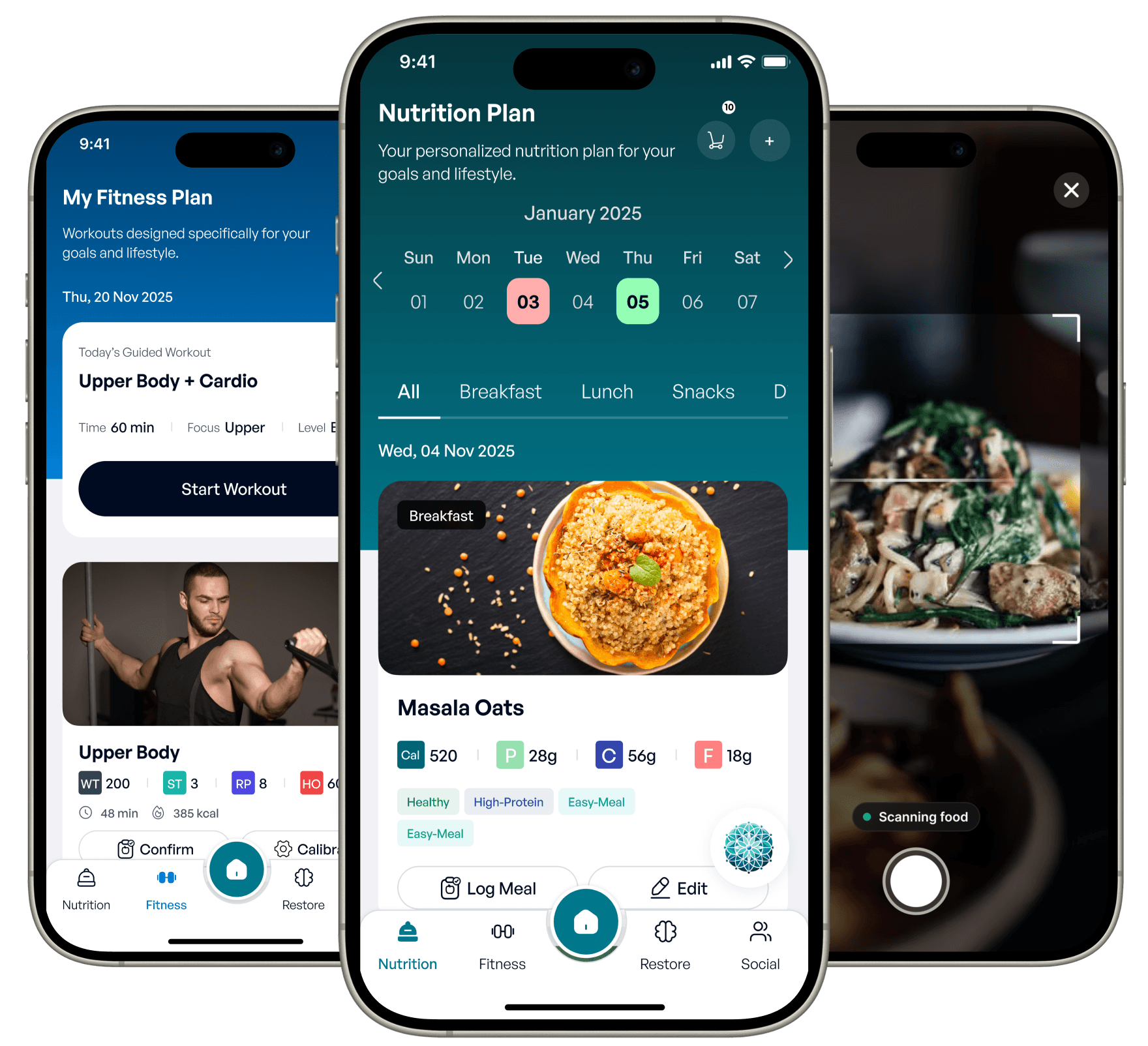 NexAura app screens showing nutrition plan, analytics, and fitness plan