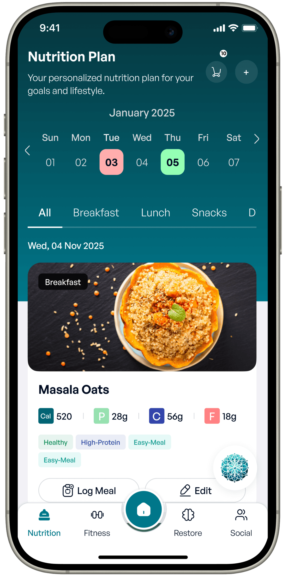 NexAura app showing Adaptive Meal Planning overview